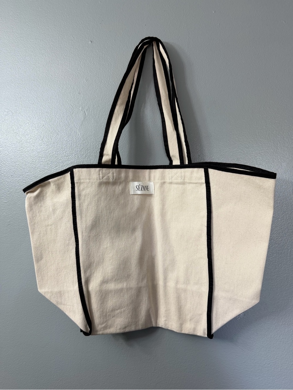 Sezane Cream Canvas Tote with Black Trim